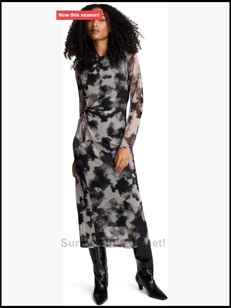 Long Sleeve Printed Mesh Knot Front Sheath Dress Midi
